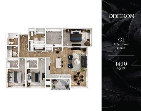 Floor plan for 3 beds, 2 baths, 1490 sqft